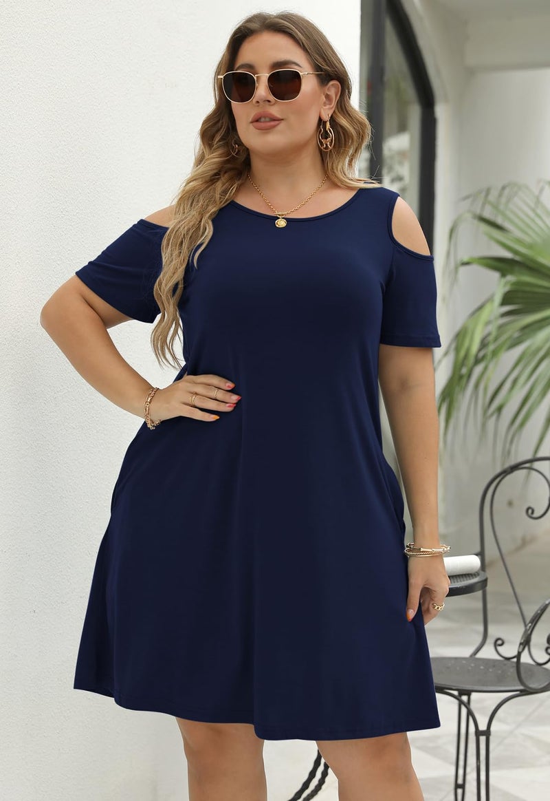 Nemidor Plus Size Dresses for Curvy Women Summer Casual Cold Shoulder T-Shirt Swing Short Sleeve Mini Dress with Pockets(133,22,Navy) - Image 5